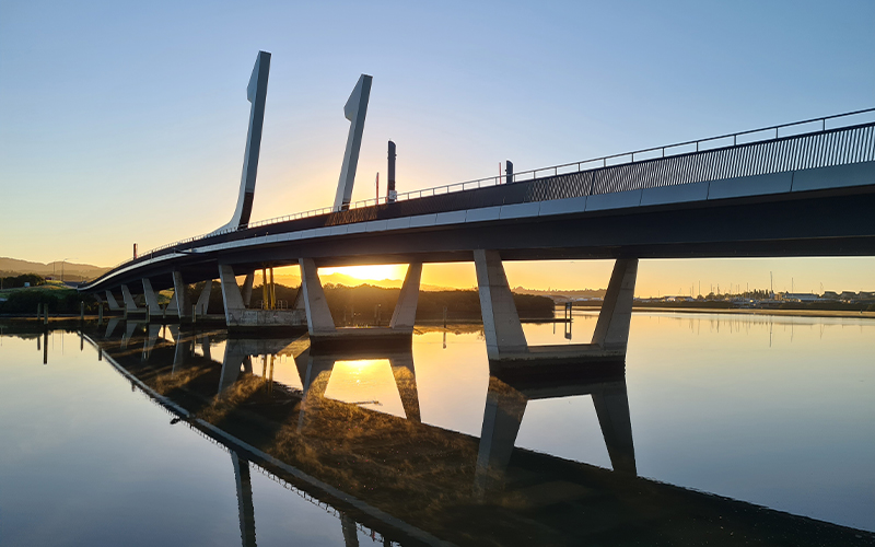 a photo of the te mata o pohe bridge in Whangarei with the early morning sun behind it